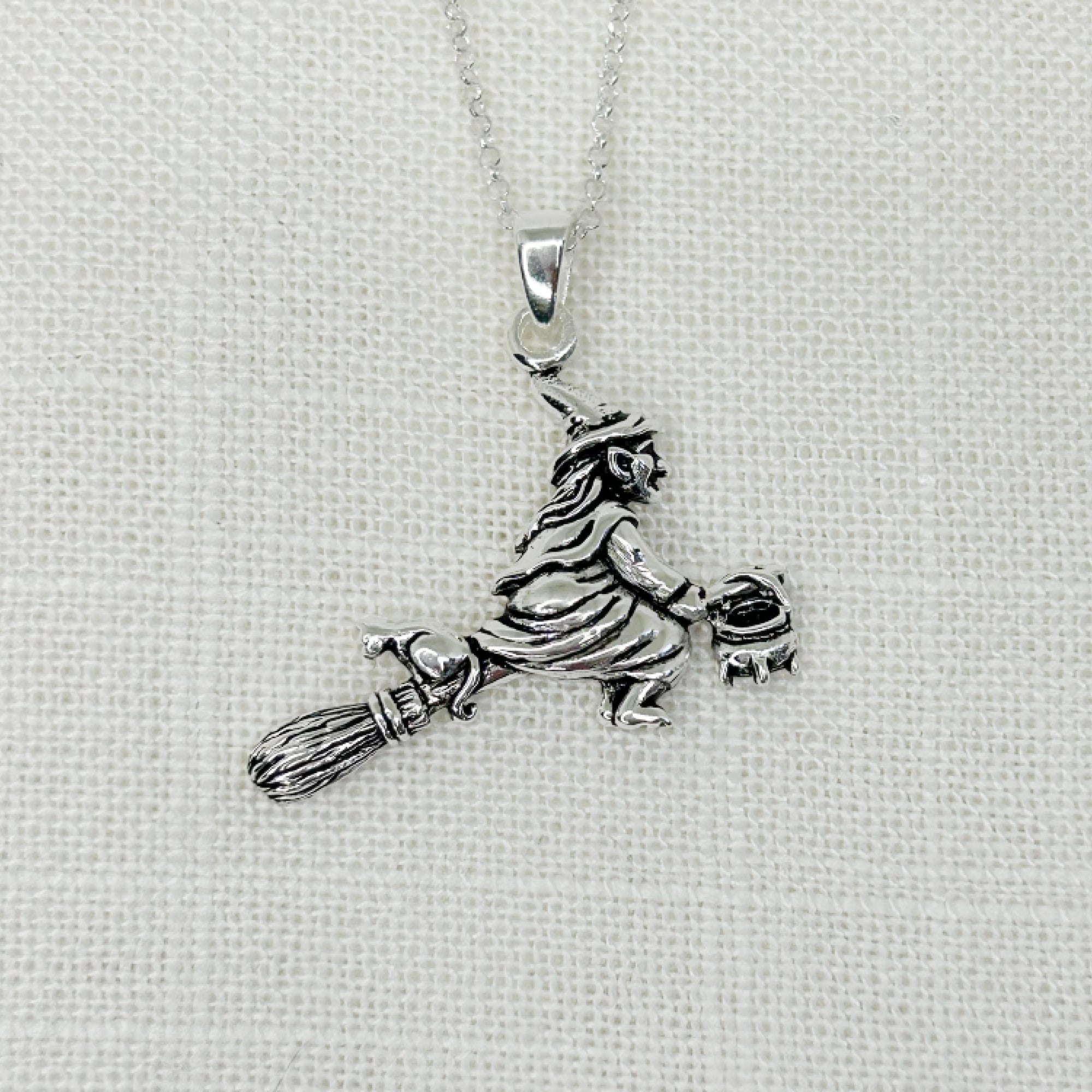 Wicked Witch Necklace, Flying Witch, Halloween Necklace, order Full Moon, Sterling Silver, Haunted House Necklace, Hammered Necklace, Copper Charm