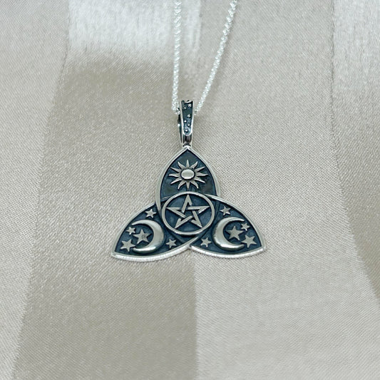 Sterling Silver Triquetra with Sun Moon and Stars Necklace